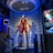 A high-tech suit displayed in a futuristic setting, illuminated by focused lighting. The surroundings include digital screens showing technical data and designs related to the suit. The environment appears to be a lab or exhibit with metallic and technological elements.